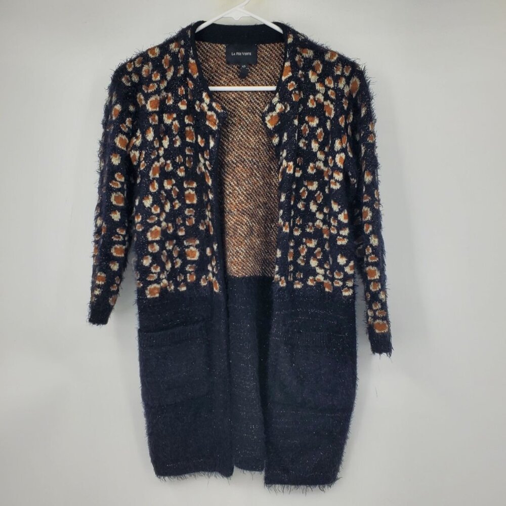 La Fee Verte Anthropologie‎ Cheetah Shimmer Leo Eyelash Long Cardigan Sweater XS